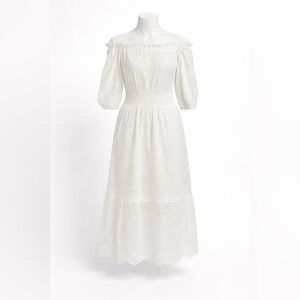 Betsey Johnson White Eyelet Midi Dress with Smocked Waist